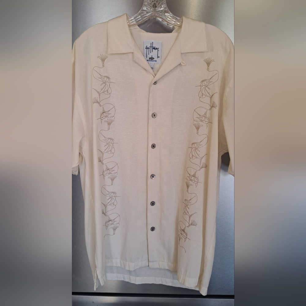 Guy Harvey By Aftco Blue Water Short Sleeve Button Shirt Cream Embroidered LRG